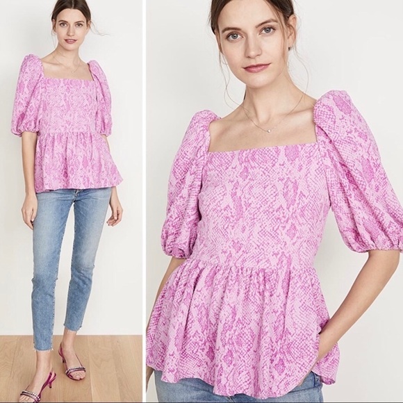 Stine Goya Irene Snake Printed Puff Sleeve Square Neck Top Blouse Pink XS - Picture 1 of 9